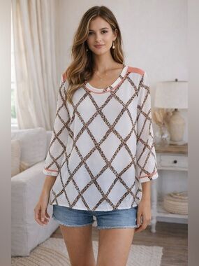 Umgee Semi Shear White Blouse with Diamond Pattern Leopard Print and Orange Trim